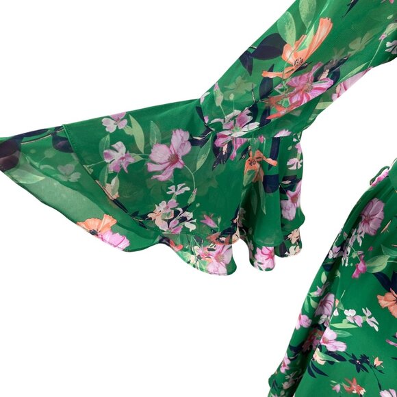 Eliza J Floral Faux Wrap Dress Green Flutter Sleeve Size 16 - Picture 5 of 9